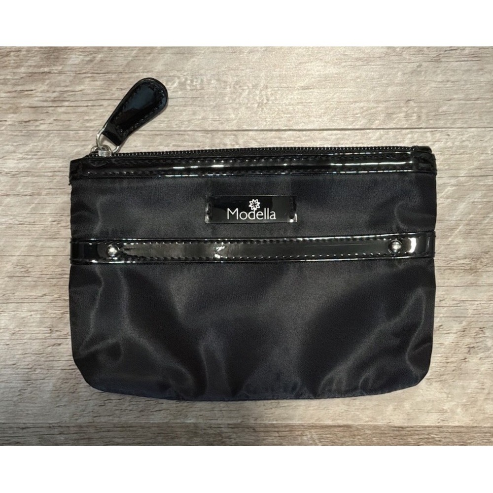 Modella Black Patent Faux Leather Shiny Trim Makeup Bag